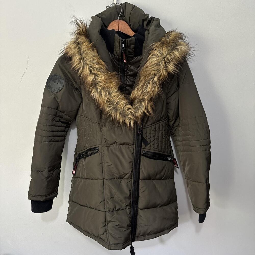 Canada Weathergear Coat Womens Small Olive Green Faux Fur Hood Quilted Outdoor